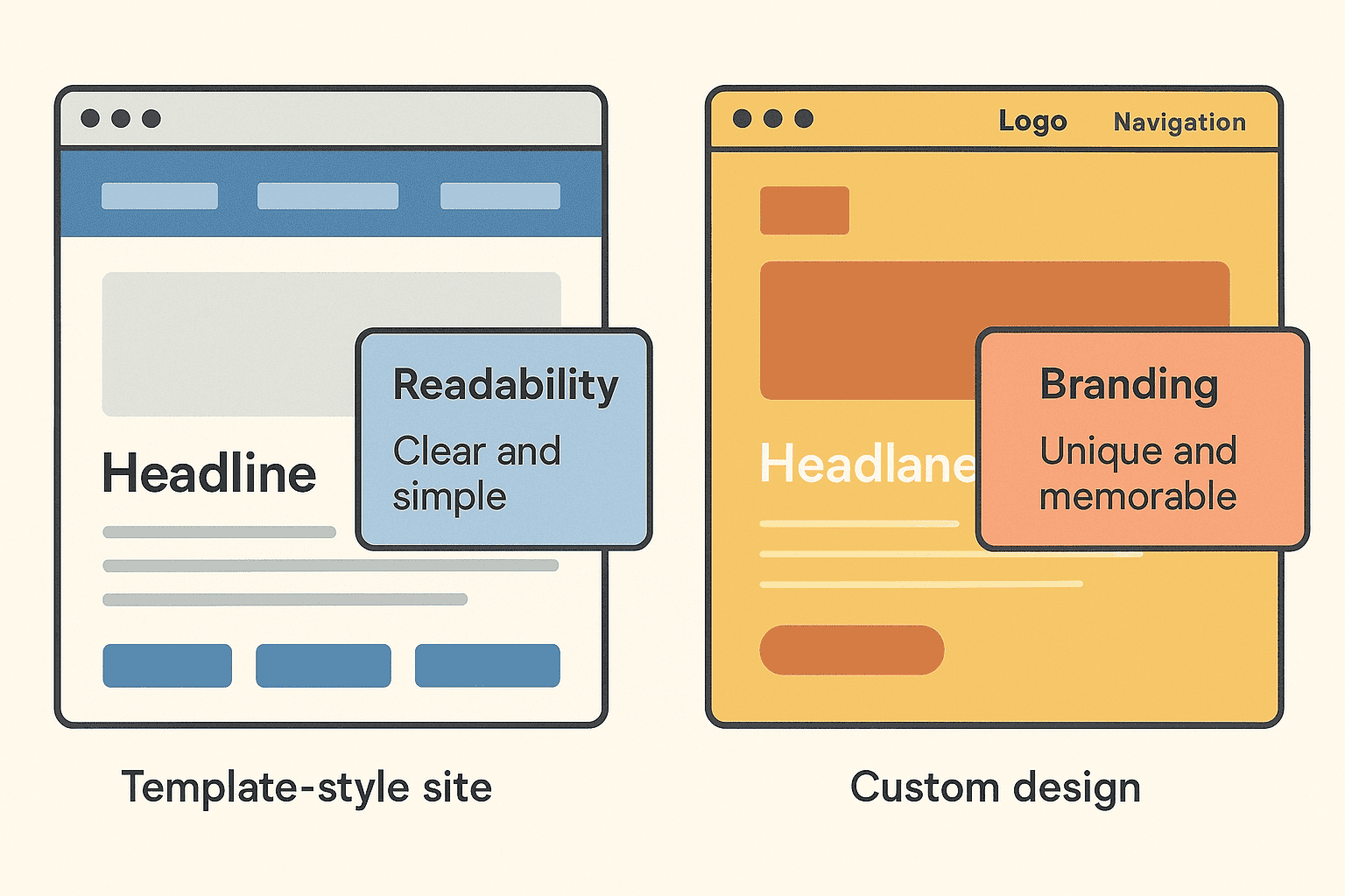Infographic comparing a template-style website (clear, simple, readability) with a custom-designed website (unique, memorable, branding). Shows how custom designs enhance brand identity and user experience.